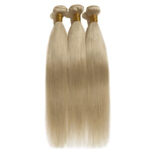 Three blonde straight hair laying on top of each other.